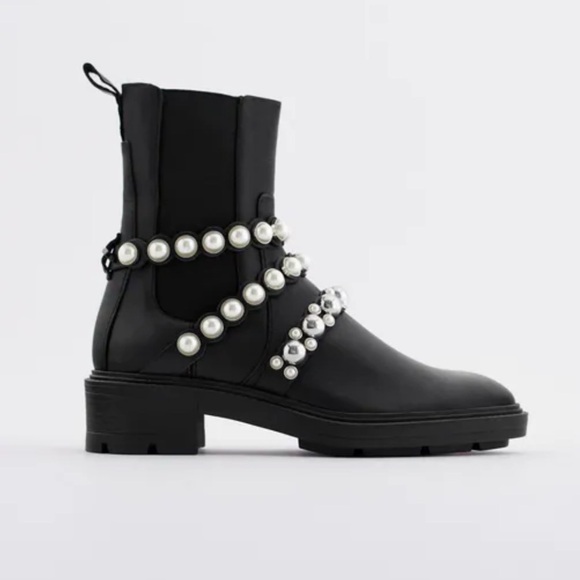 Zara Shoes - ZARA PEARL STRAP LOW HEELED LEATHER ANKLE BOOTS